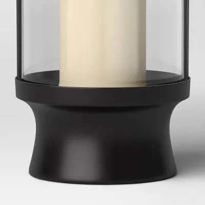 16" Modern Metal and Glass Large Battery LED Pillar Candle Outdoor Lantern Black - Threshold