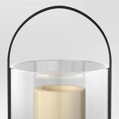 16" Modern Metal and Glass Large Battery LED Pillar Candle Outdoor Lantern Black - Threshold