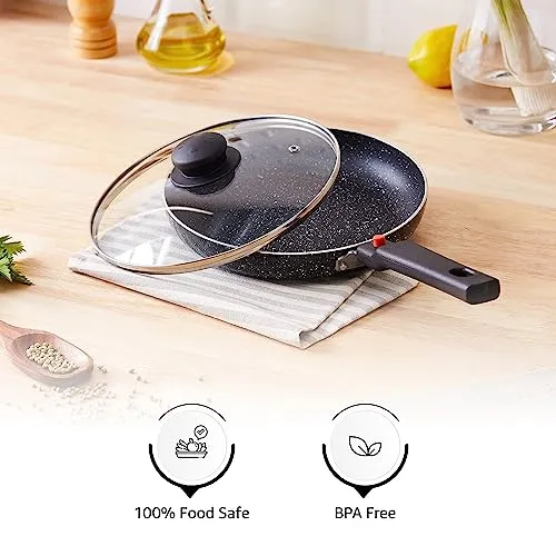 Amazon Brand - Solimo Non-Stick Fry Pan with Glass Lid with Detachable Handle | Granite Finish | Induction Base | PFOA Free | High Temperature Resistant Exterior Coating | 22 cm | Black