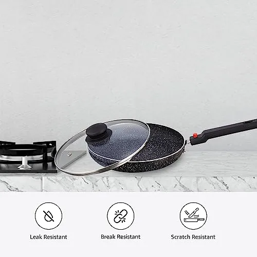 Amazon Brand - Solimo Non-Stick Fry Pan with Glass Lid with Detachable Handle | Granite Finish | Induction Base | PFOA Free | High Temperature Resistant Exterior Coating | 22 cm | Black