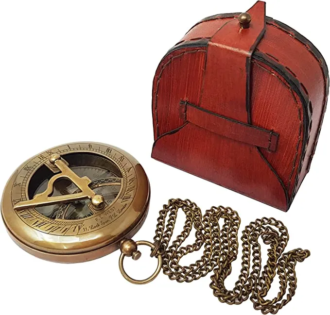 Brass Sundial Compass with Leather Case and Chain