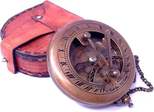 Brass Sundial Compass with Leather Case and Chain