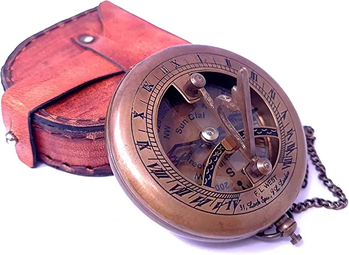 Brass Sundial Compass with Leather Case and Chain