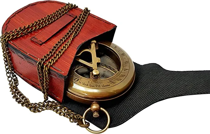 Brass Sundial Compass with Leather Case and Chain