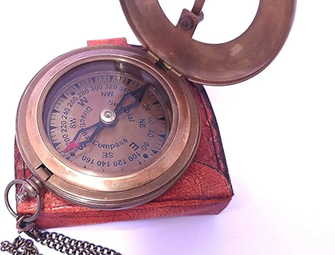 Brass Sundial Compass with Leather Case and Chain