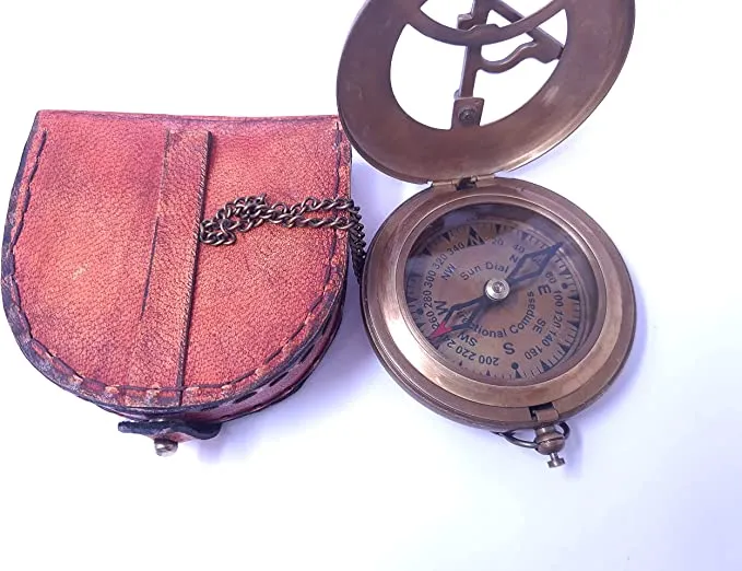 Brass Sundial Compass with Leather Case and Chain