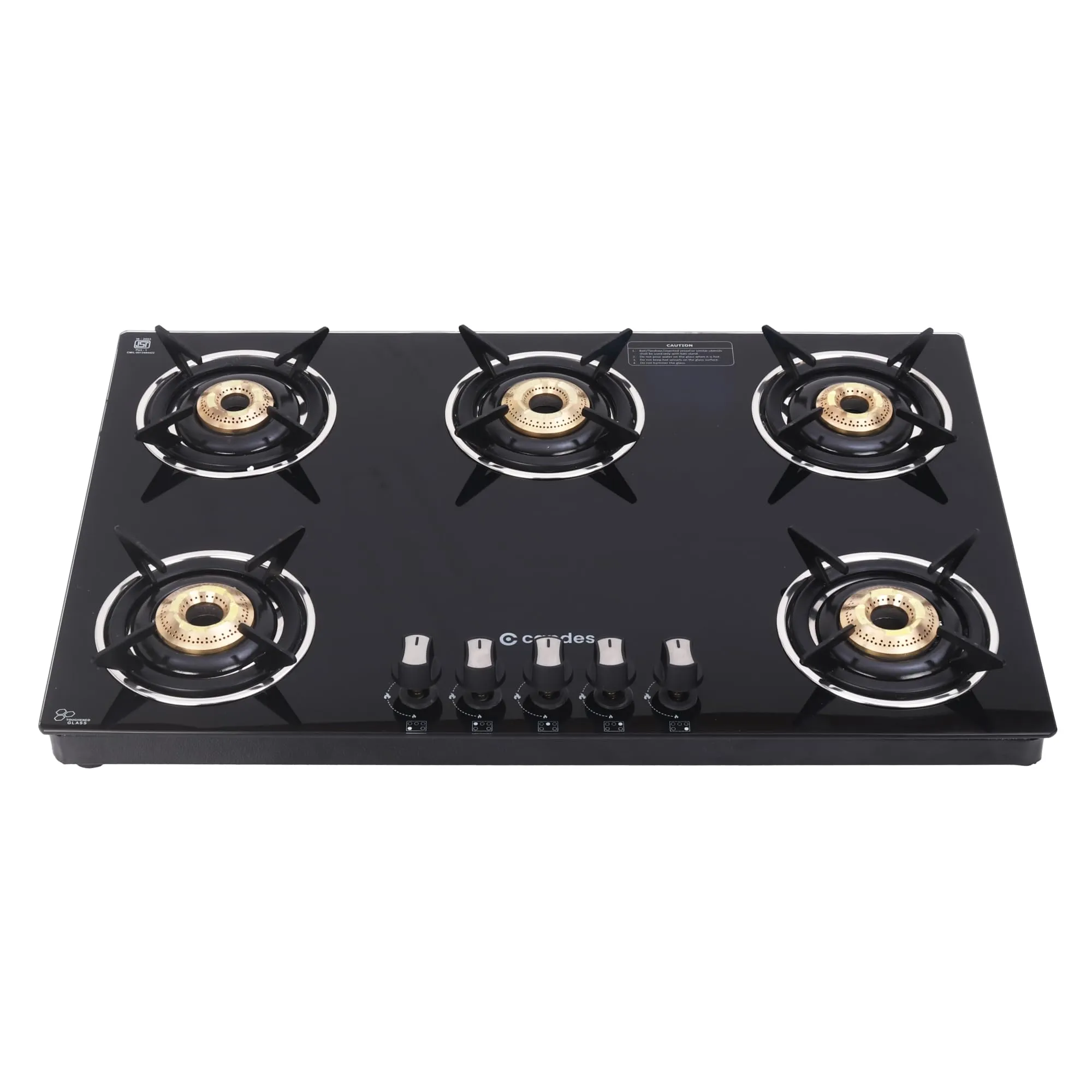 Candes 5 Burner Hob Top with Premium Brass Plated Burner Gas Stove | 6mm Toughened Glass Top-Hob | Manual Ignition | Nylon Knob | LPG Compatible | ISI Certified | 1 Year Warranty | Black