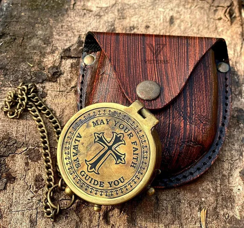 Directional Engraved Compass Working May Your Faith Always Guide You, Baptism Gifts With Leather Case or Wooden Case for Loved Ones, Son