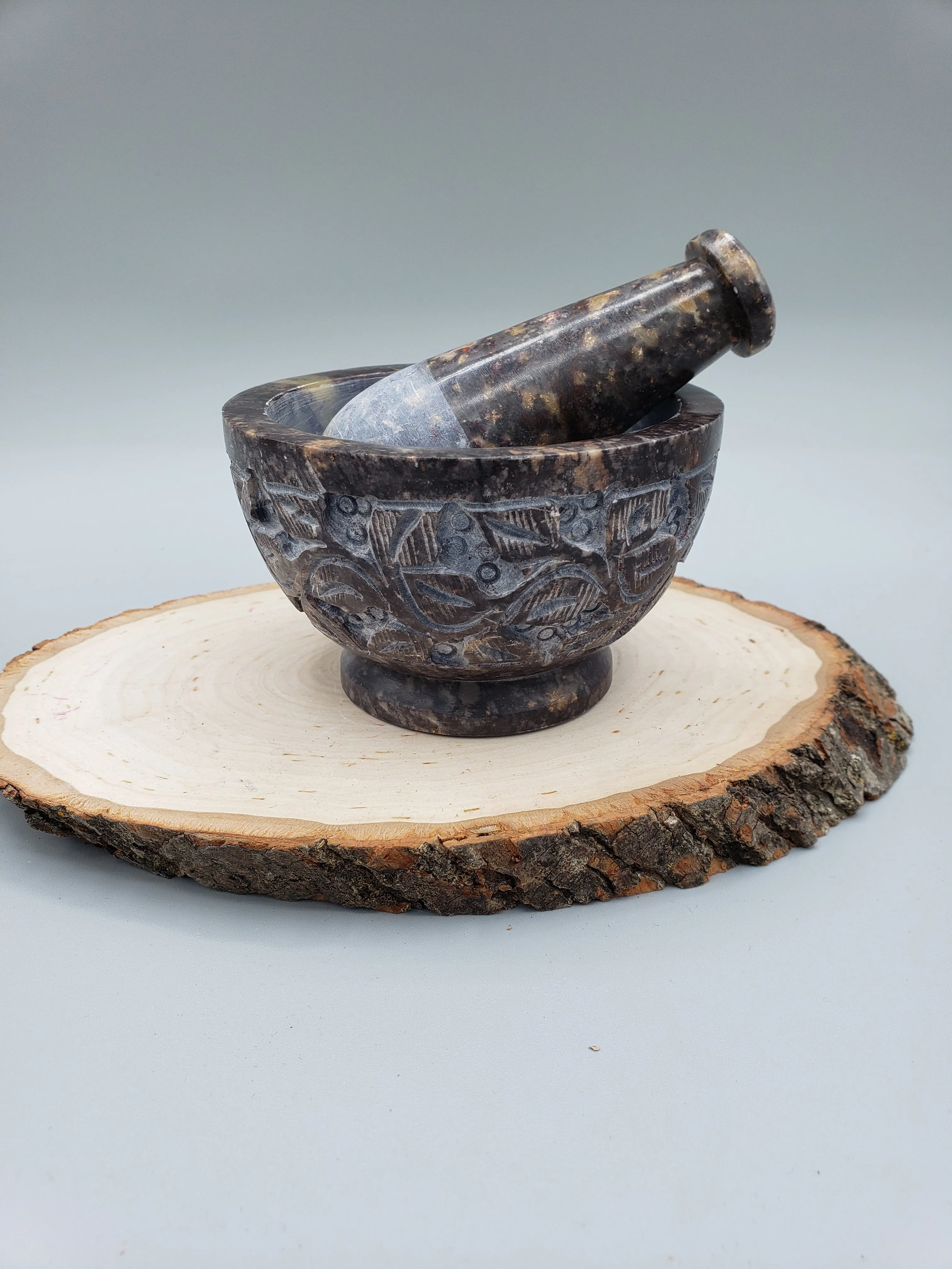 FLORAL CARVED SOAPSTONE MORTAR & PESTLE