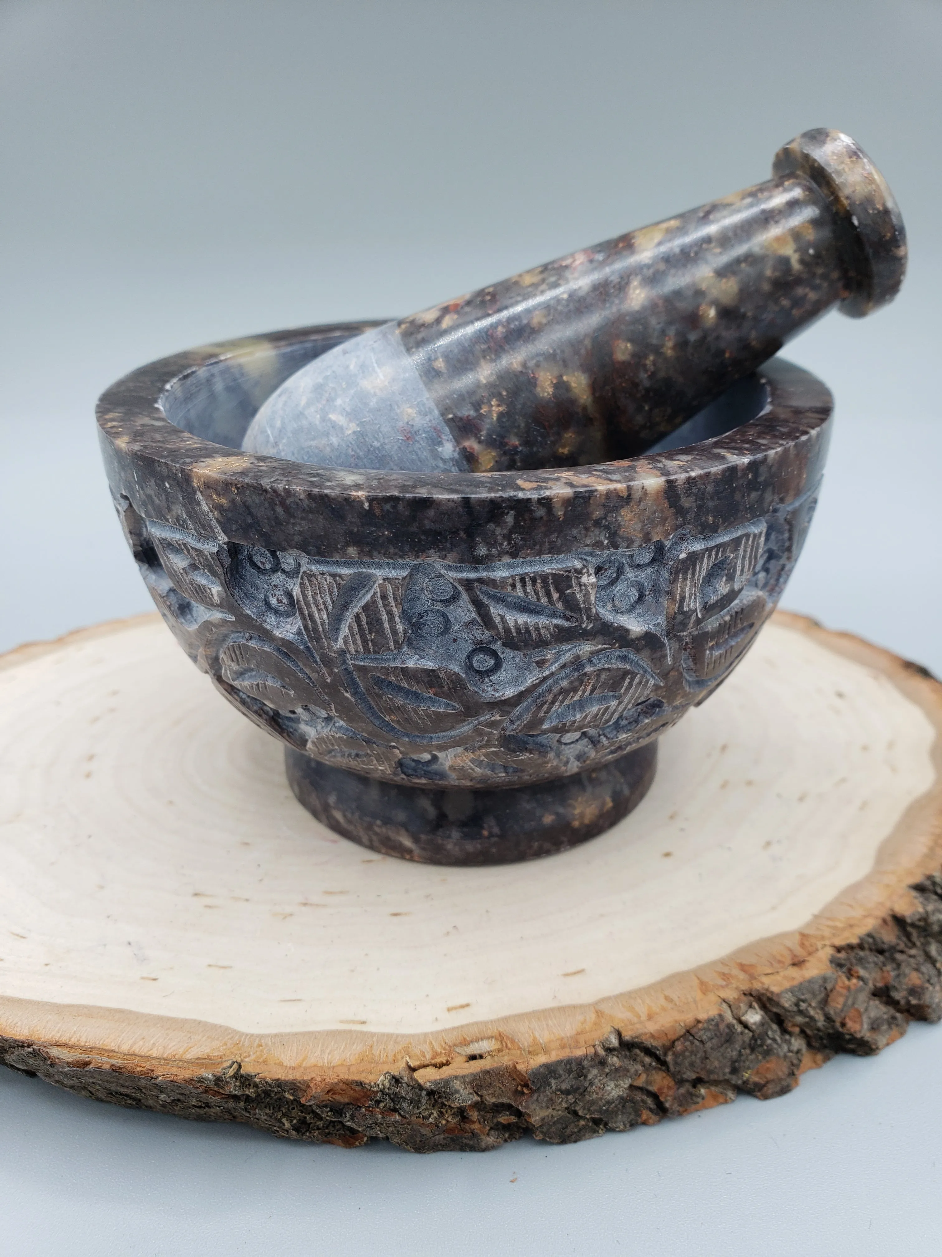 FLORAL CARVED SOAPSTONE MORTAR & PESTLE