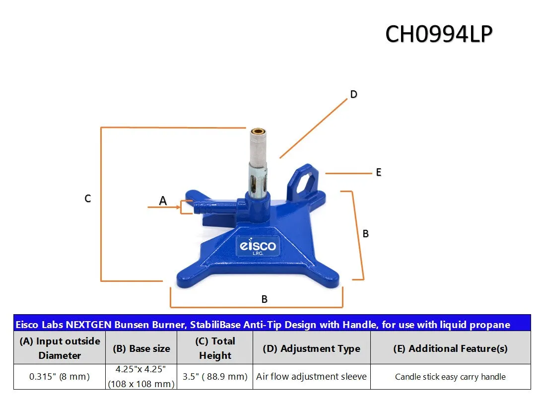 Liquid Propane Micro Bunsen Burner, StabiliBase Anti-Tip Design with Handle, with Flame Stabilizer, LP Eisco Labs