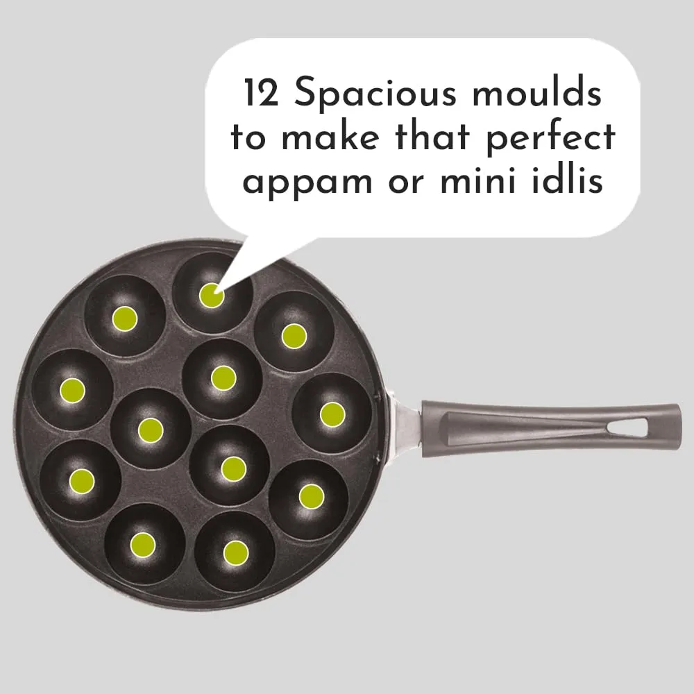 Magnus Heavy Base Non-Stick Appam Pan with Lid - 12 Cavities, 20cm, Black | Appe Maker Non Stick Appam Maker with Glass Lid | Gas Stove Compatible | Paniyarrakal | Appam Chatty Cake Maker