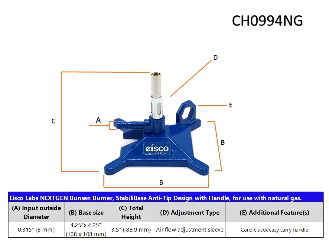 Natural Gas Micro Bunsen Burner, StabiliBase Anti-Tip Design with Handle, with Flame Stabilizer, NG - Eisco Labs