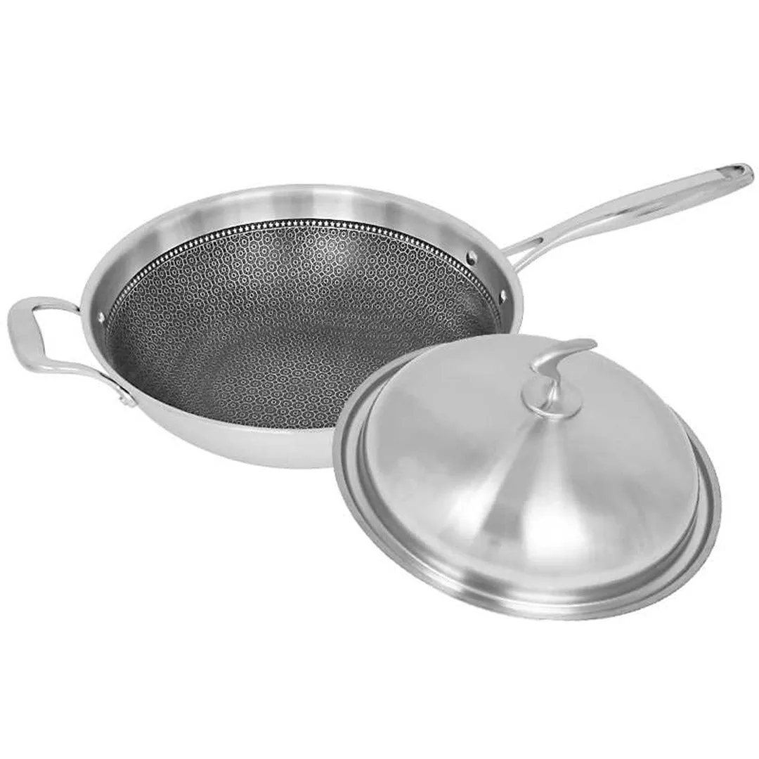 SOGA 18/10 Stainless Steel Fry Pan 34cm Frying Pan Top Grade Textured Non Stick Interior Skillet with Helper Handle and Lid