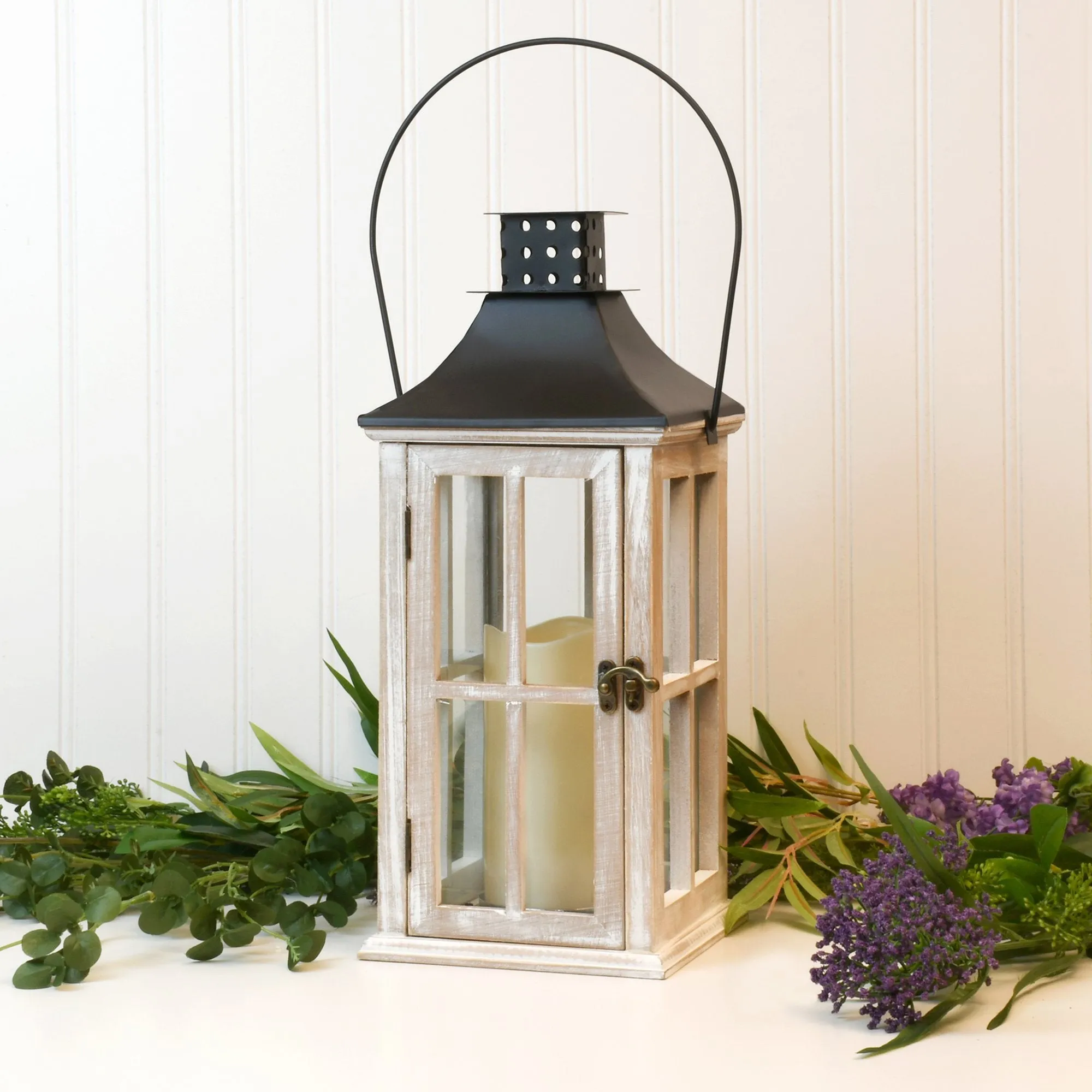 White Washed Wooden Lantern with Black Roof and LED Candle