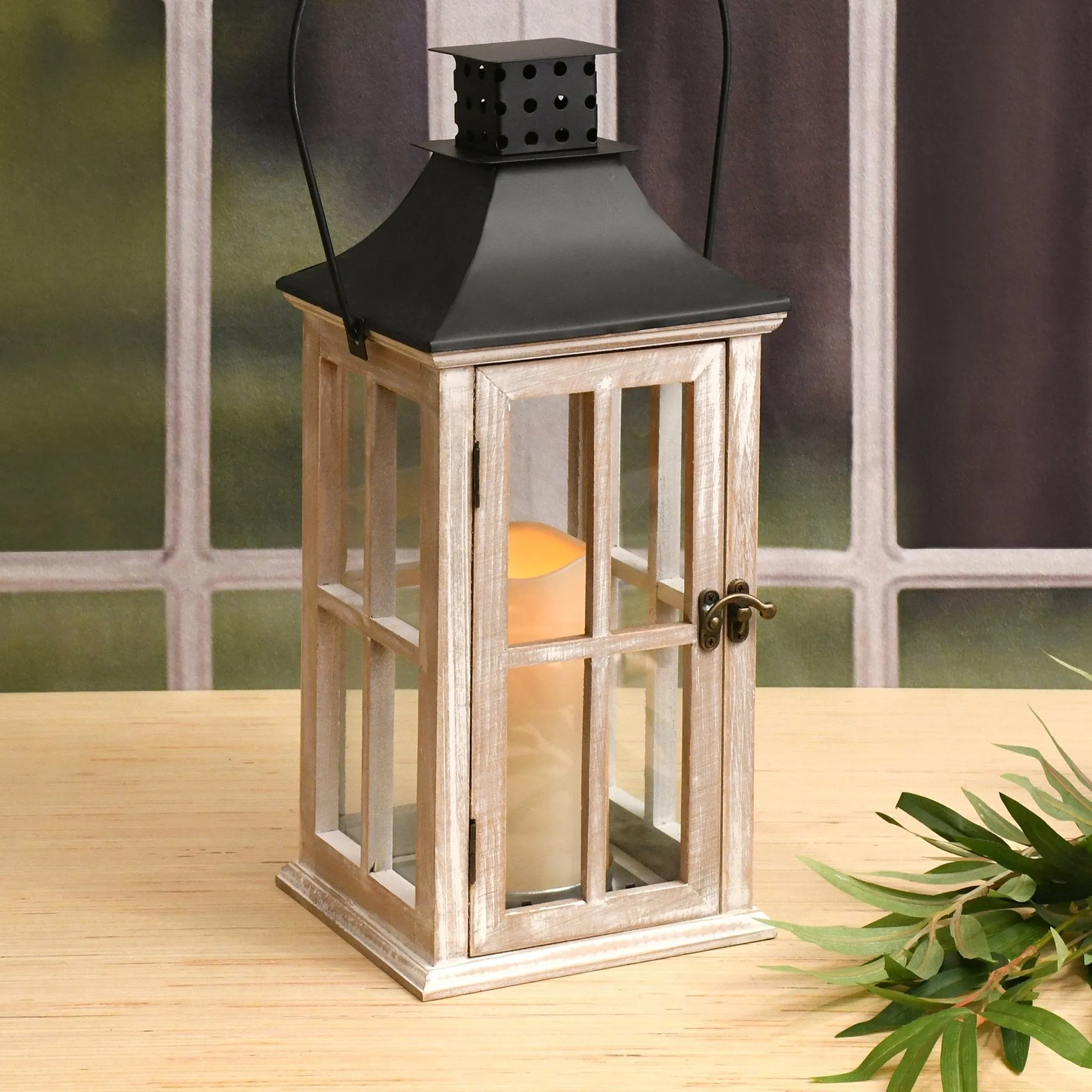 White Washed Wooden Lantern with Black Roof and LED Candle